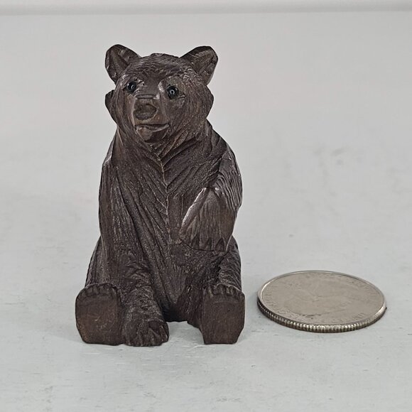 Black Forest Swiss Bear Cub Sitting Paw Up Hand Carved Wood 2" - Picture 5 of 7
